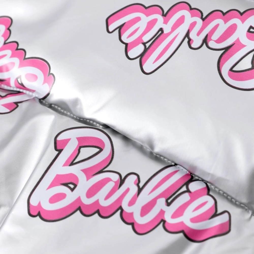 Barbie Girl 1pc Logo Pattern Long-sleeve Crop Puffer Jacket Silver and Pink - Picture 6 of 12